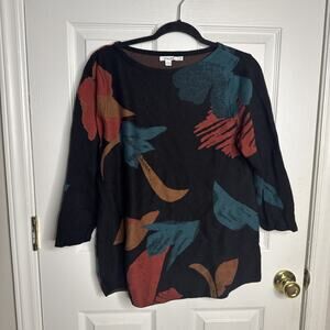 Chico’s Women’s Floral Abstract Knit Sweater Tunic 3/4 Sleeve Size 2 L